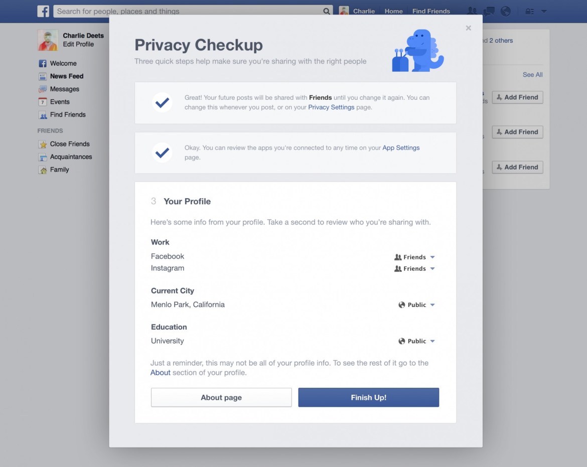 Facebook's privacy dinosaur asks you three quick questions to "check up" on your privacy